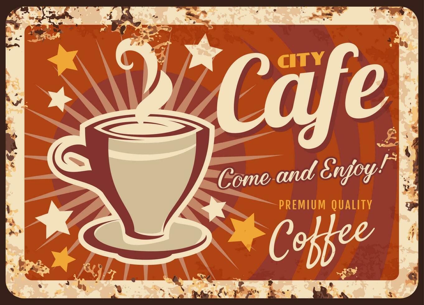 City cafe, coffee shop rusty metal vector plate