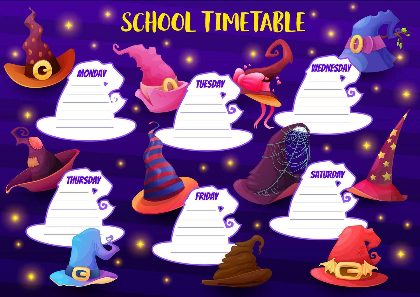 Education school timetable with cartoon witch hats vector