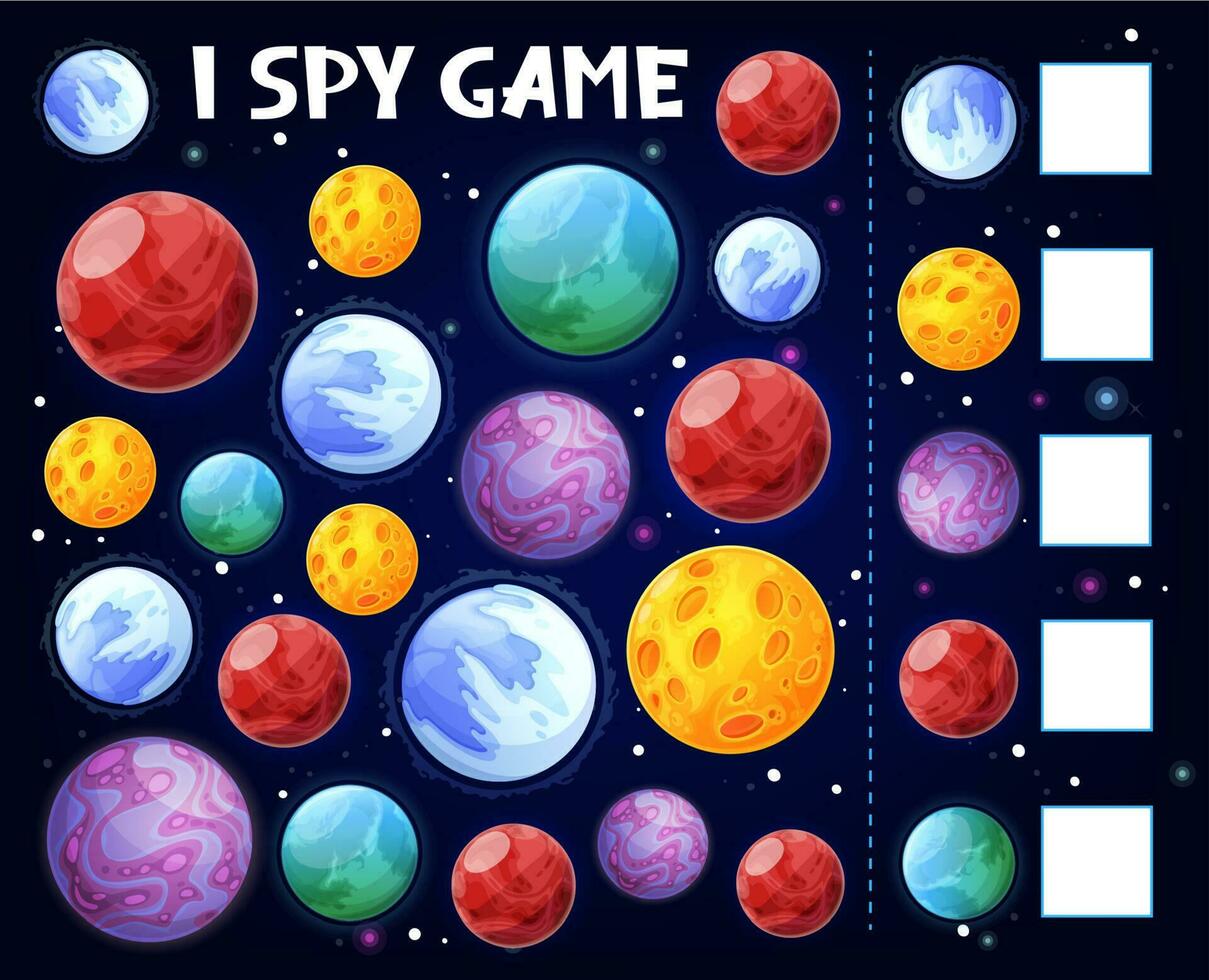 Kids game I spy with space planets, guess play vector