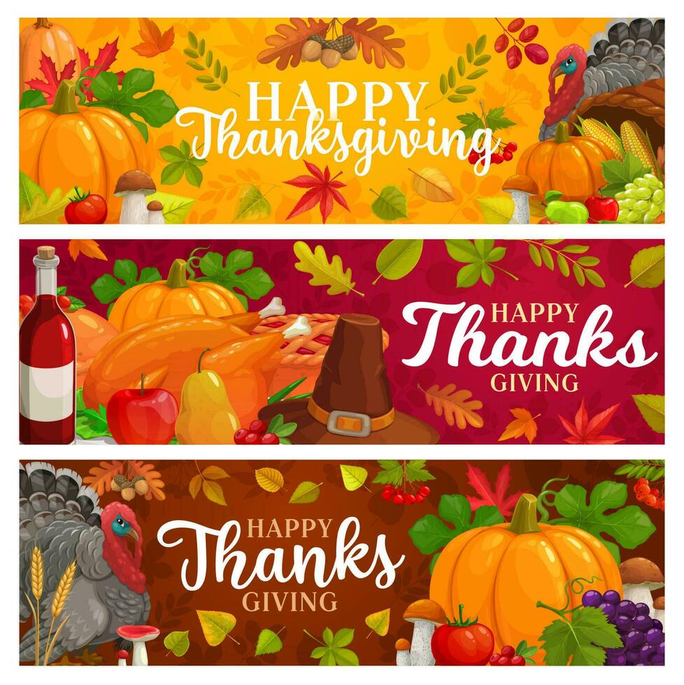 Happy Thanksgiving vector banners, falling leaves