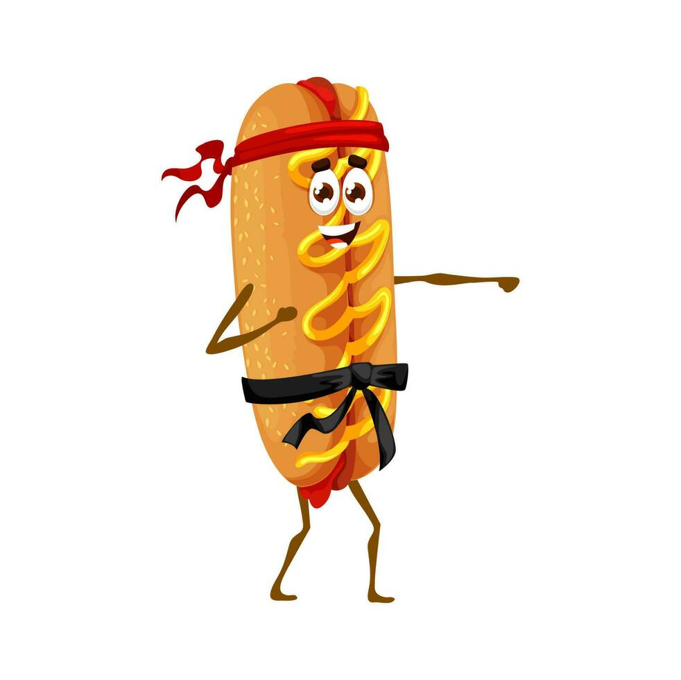 Cartoon hot dog character on karate sport training vector