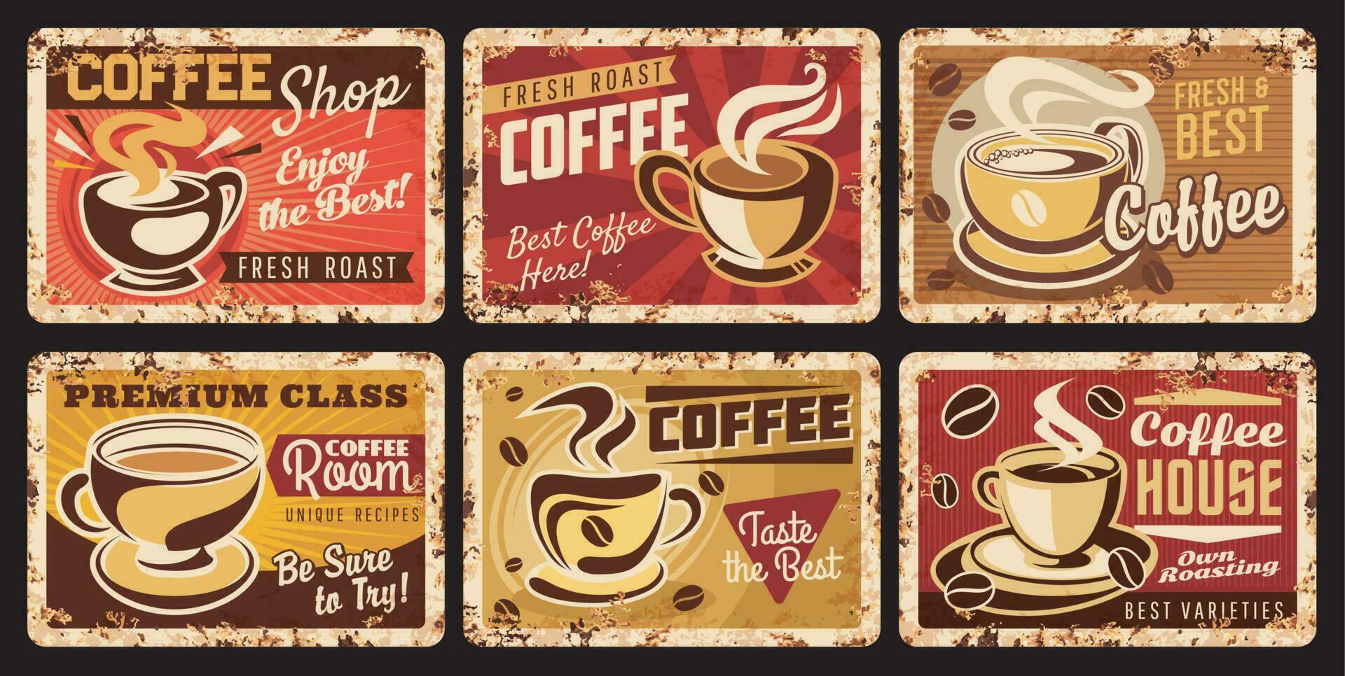 Coffee cup and bean vintage metal banners vector