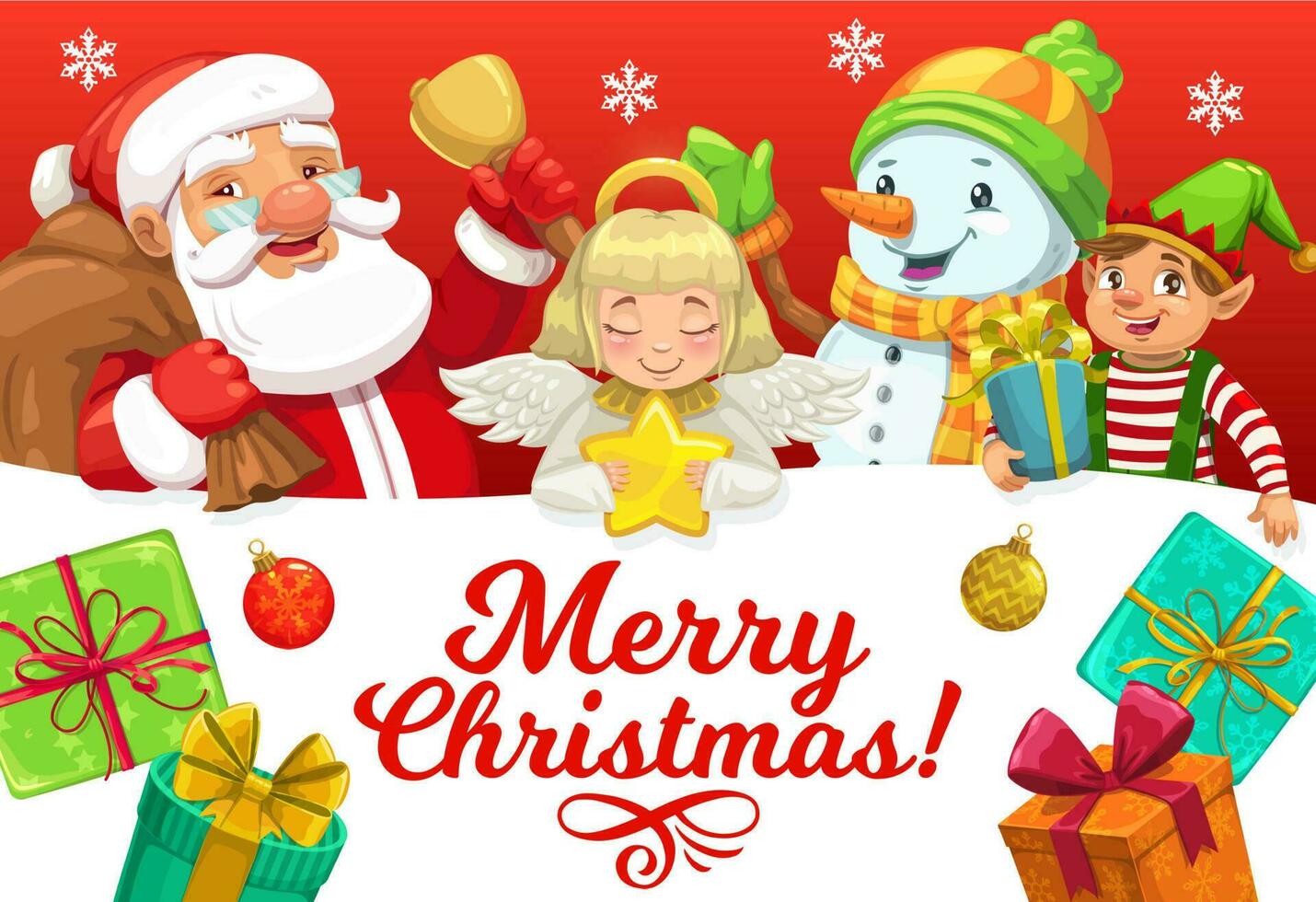 Santa, snowman, elf and angel with Christmas gifts vector