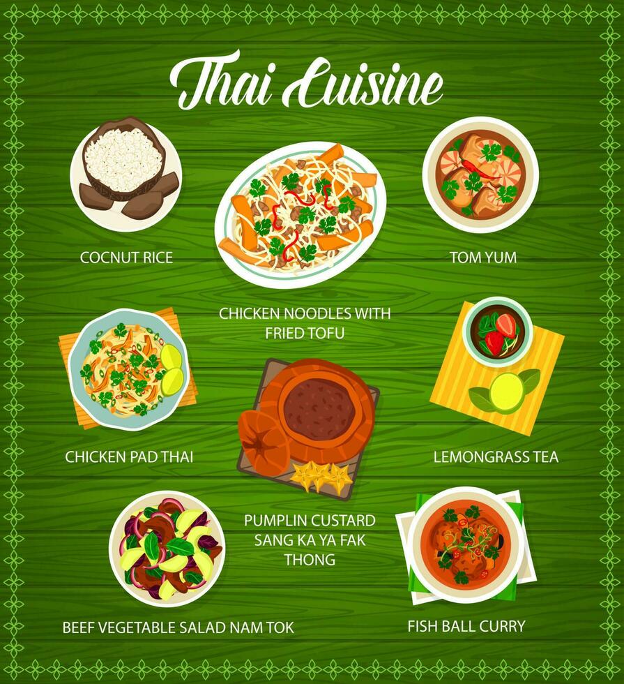 Thai cuisine menu, Thailand food, Asian restaurant vector
