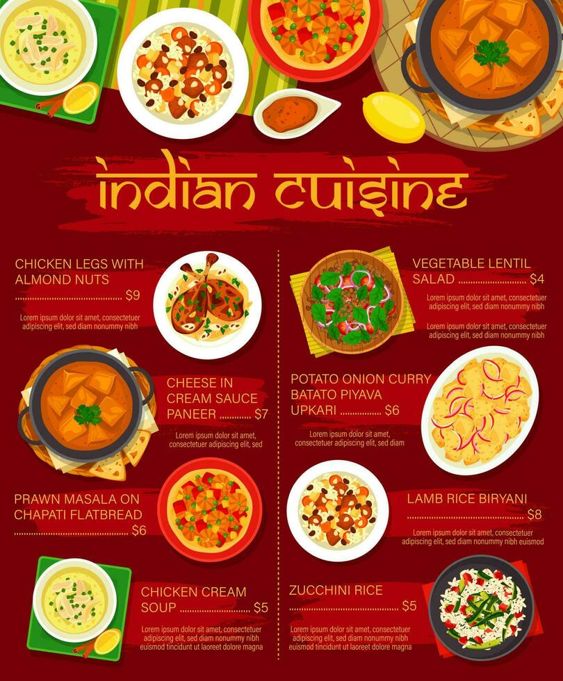 Indian cuisine vector menu template, price list