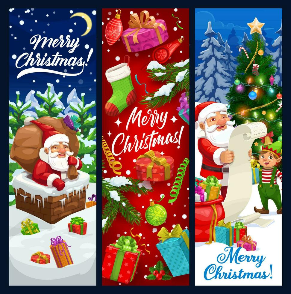 Santa and elf on roof with Christmas gift banners vector