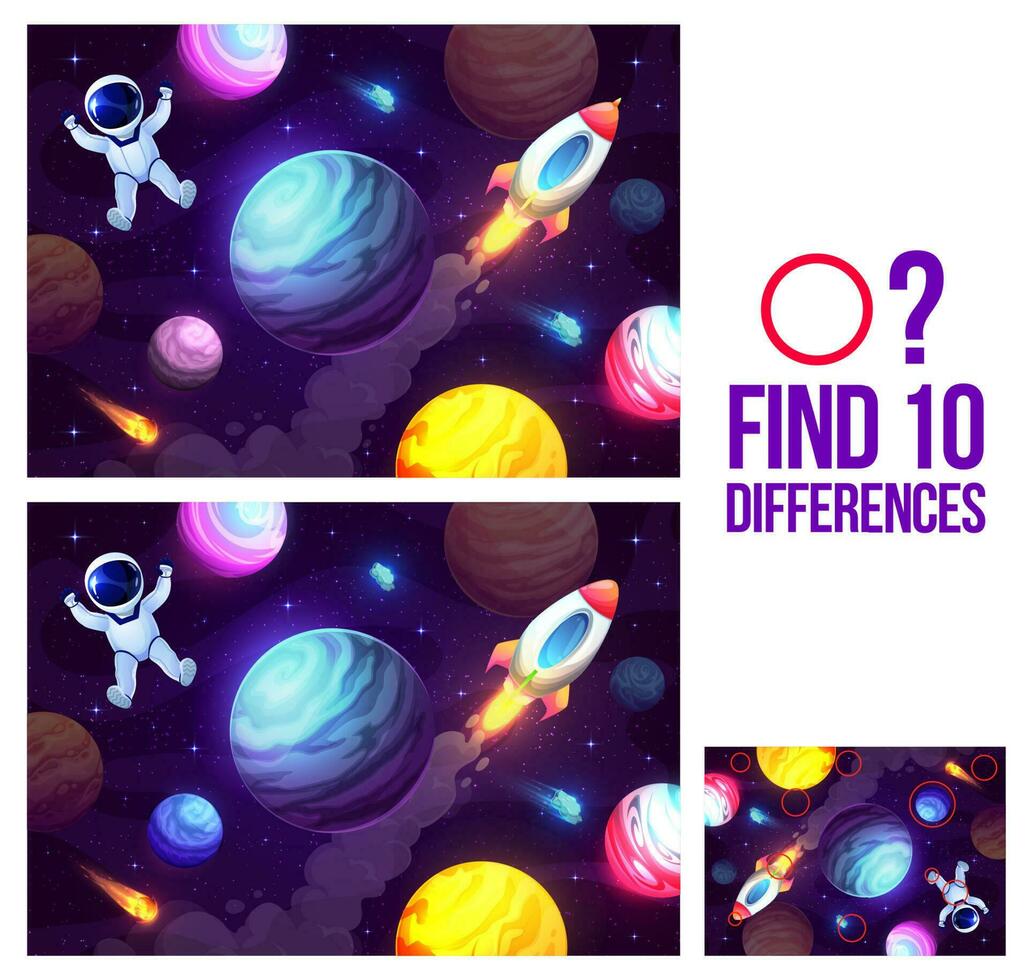 Find ten differences, cartoon astronaut in space vector