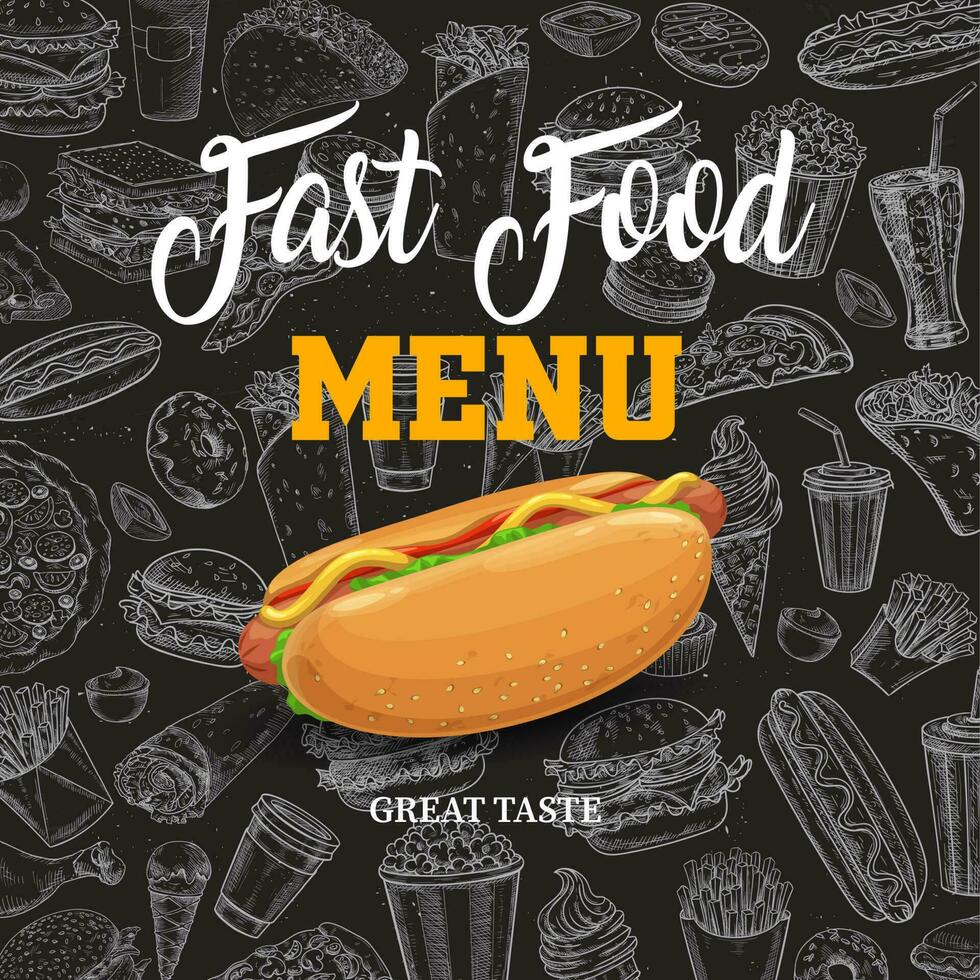 Fast food vector sketch menu with cartoon hot dog