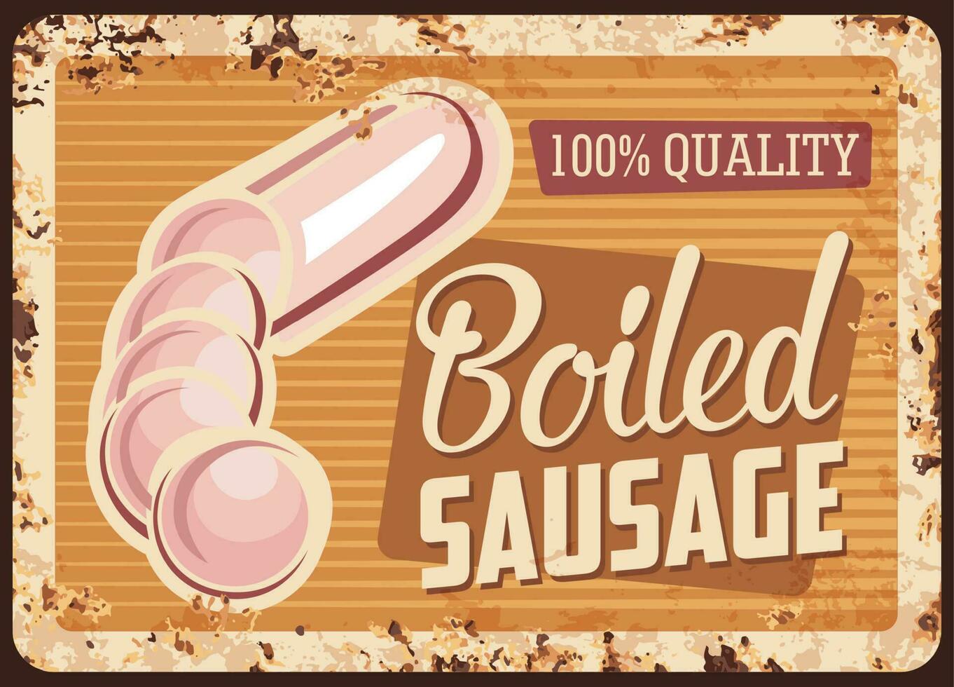 Boiled sausage rusty metal plate, bbq gourmet menu vector