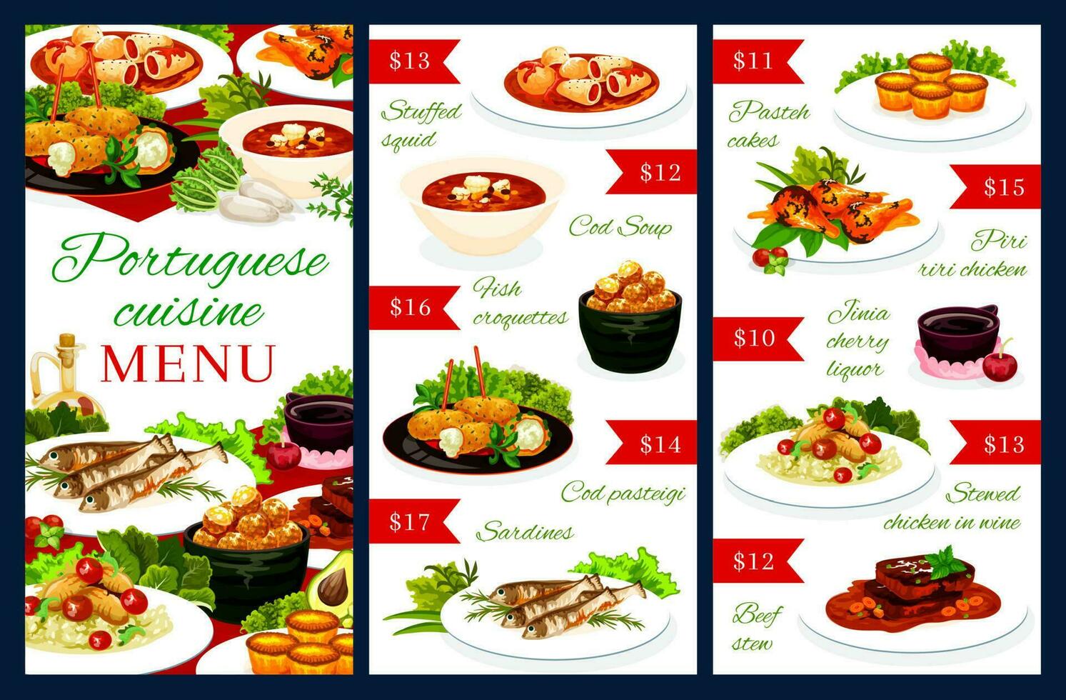 Portuguese vector menu template, portugal food