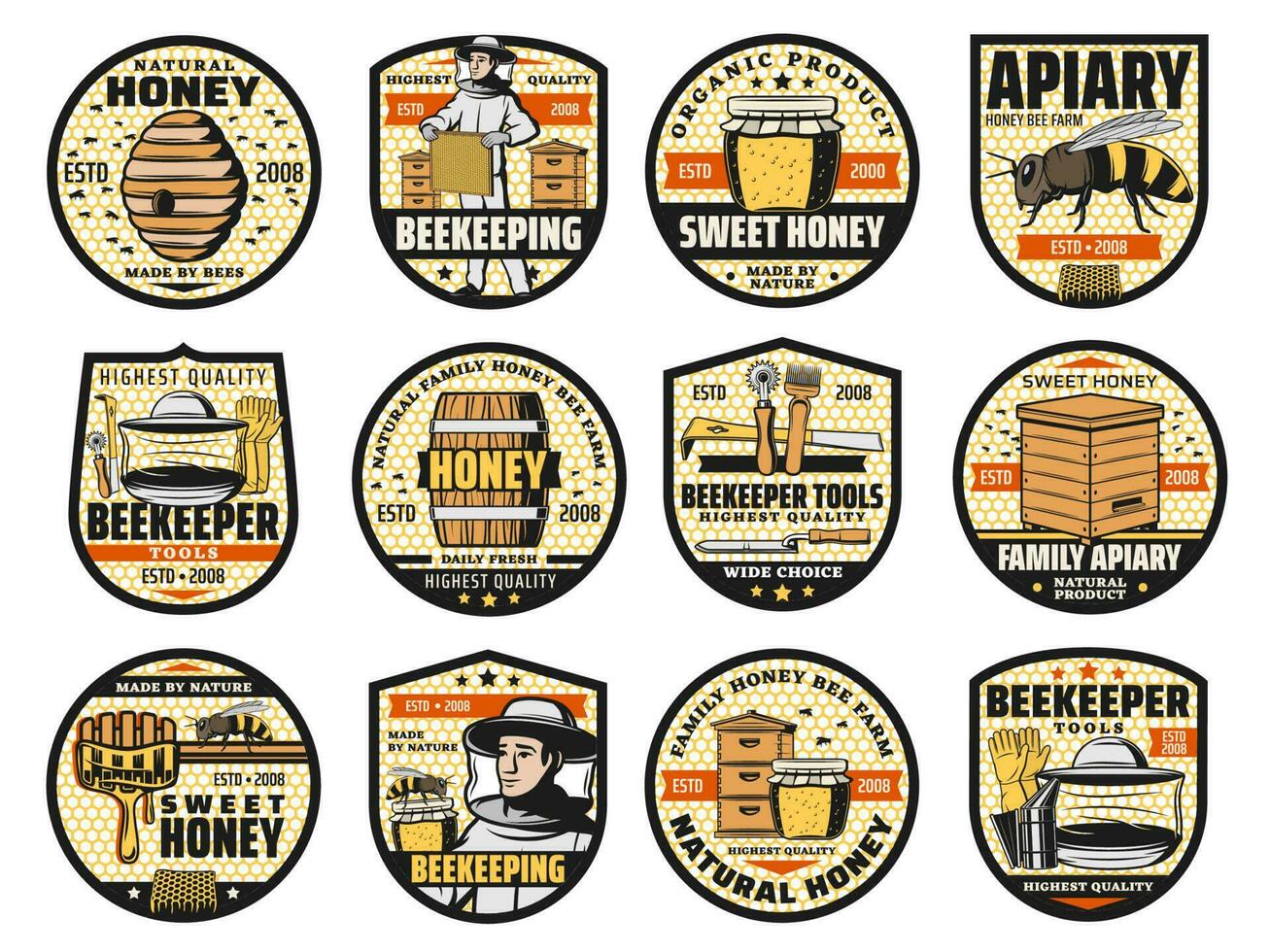 miel y apicultura granja aislado vector íconos