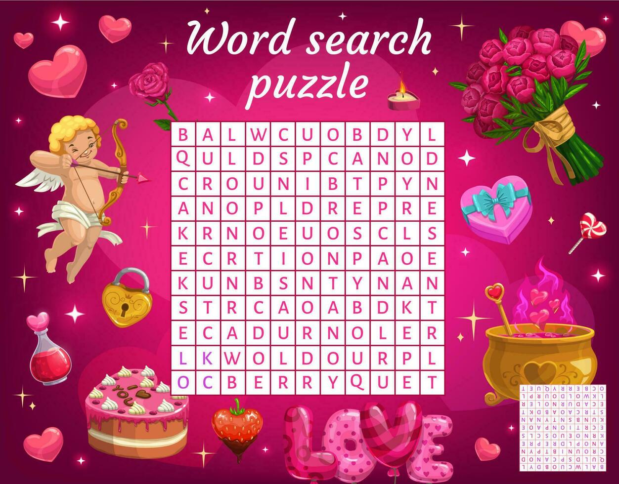 pastel, corazones y dulces, palabra buscar rompecabezas juego vector