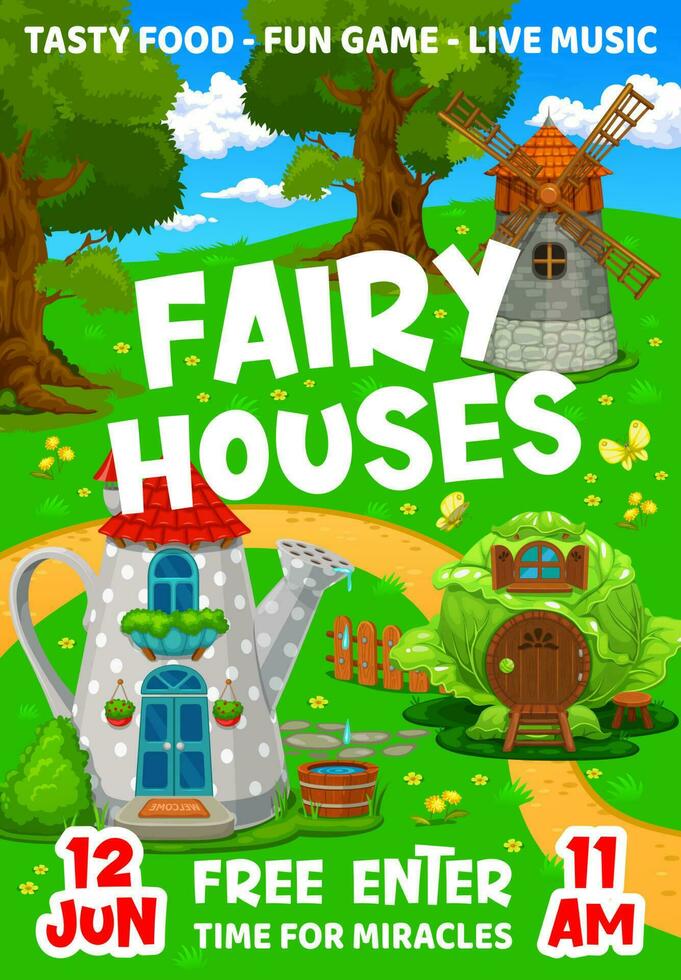 Fairytale party flyer with cartoon house buildings vector