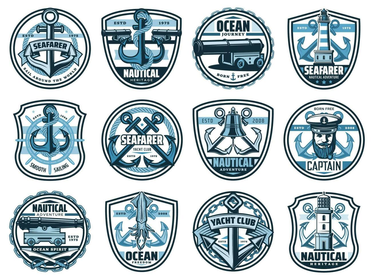 Nautical heraldic icons of anchors, ropes, chains vector