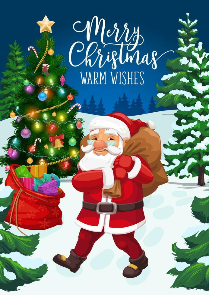 Christmas tree, gifts, Santa. Winter holiday card vector
