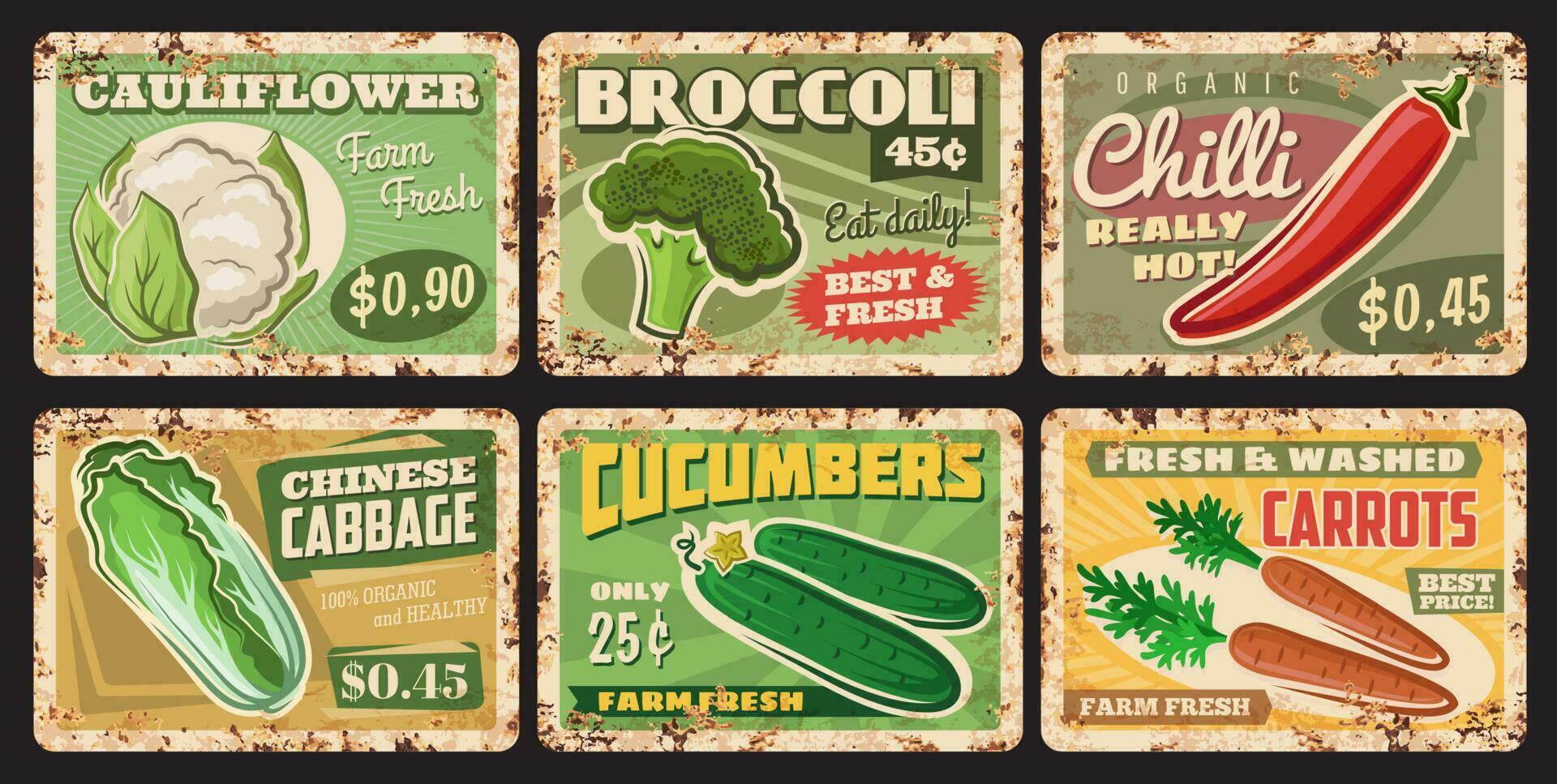 Vegetables rusty metal plates, vector price tags