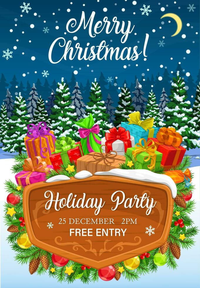 Christmas party flyer of Xmas tree, gifts, balls vector