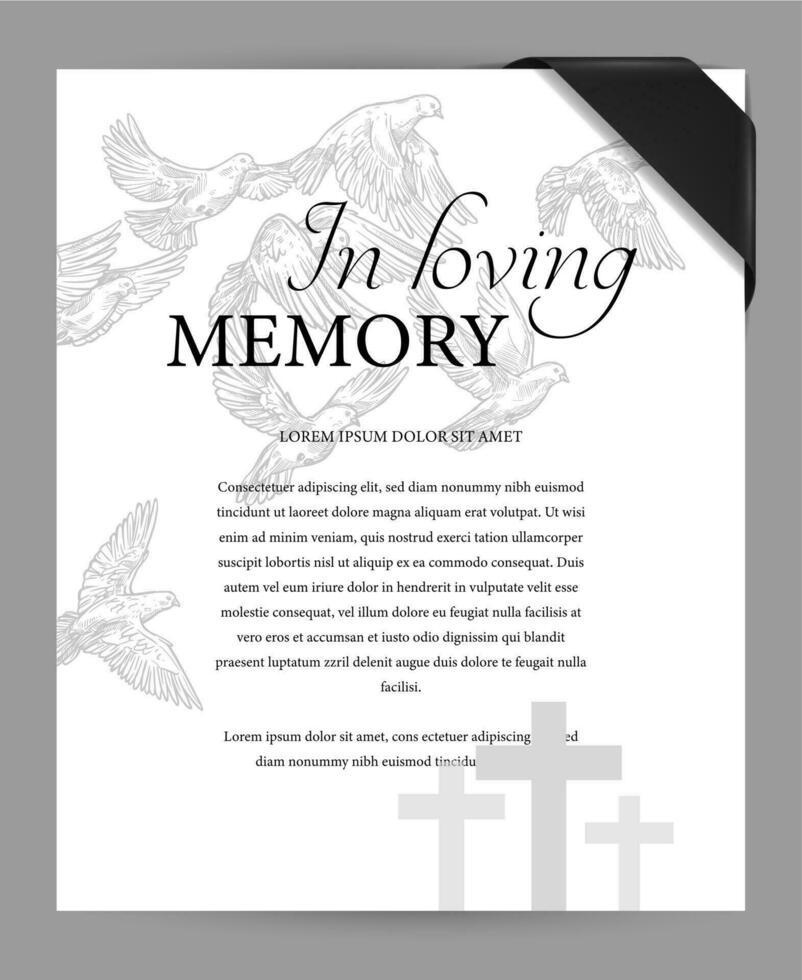 Funereal card vector template with ribbon and bird