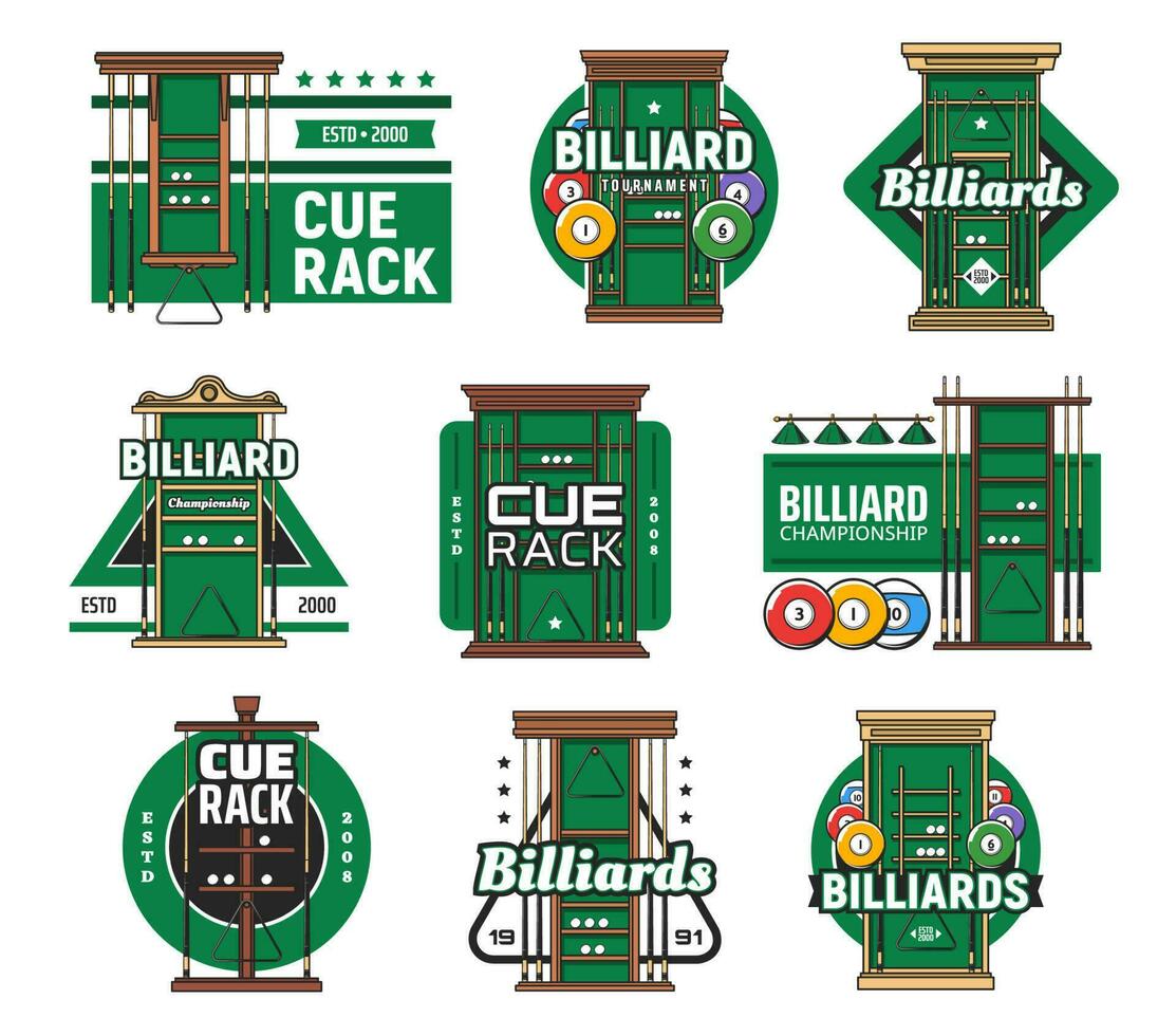 Billiard cue rack icons, pool and snooker sport vector