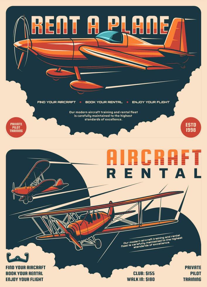 Airplane rental service retro posters, air plane vector