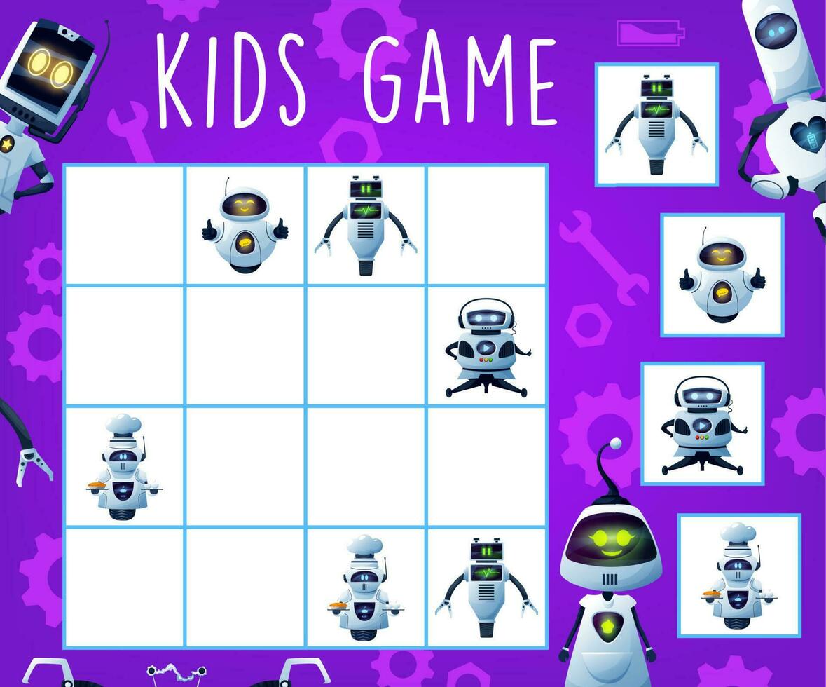 Kids game sudoku with robot droids, logic puzzle vector