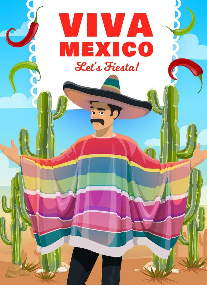 mexicano hombre en sombrero y poncho, Viva mexico vector