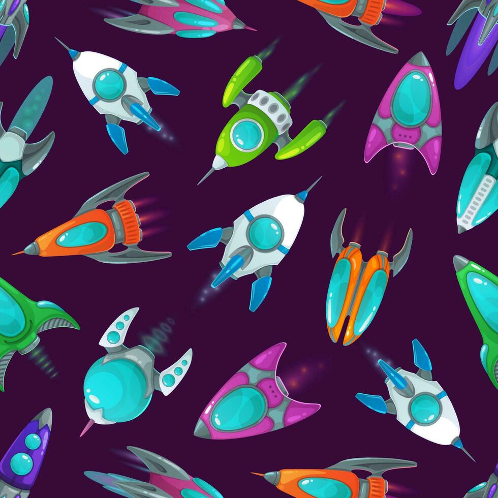 Rockets cartoon pattern, space ships background vector