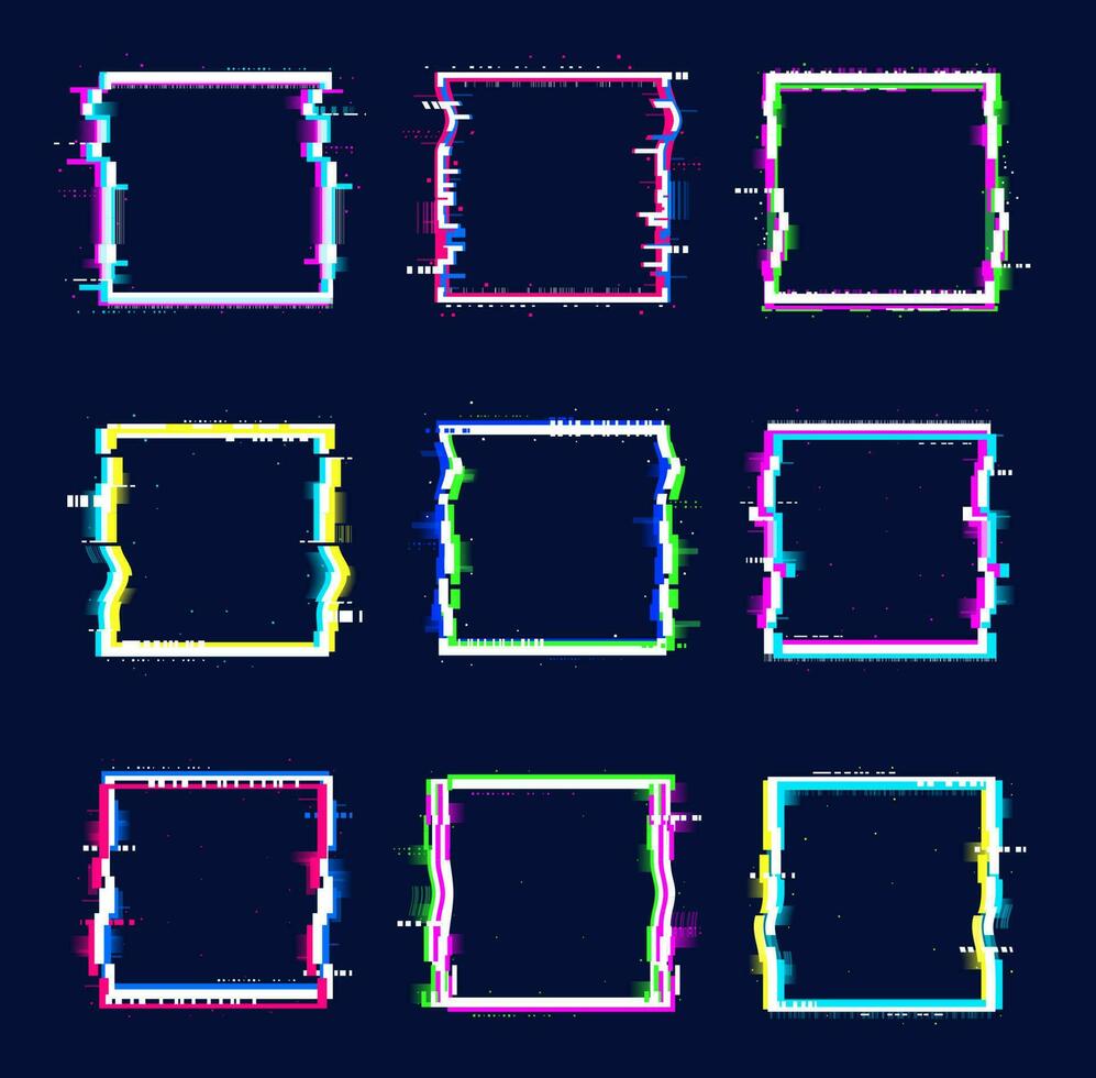 Glitch banner square frames, abstract borders set vector