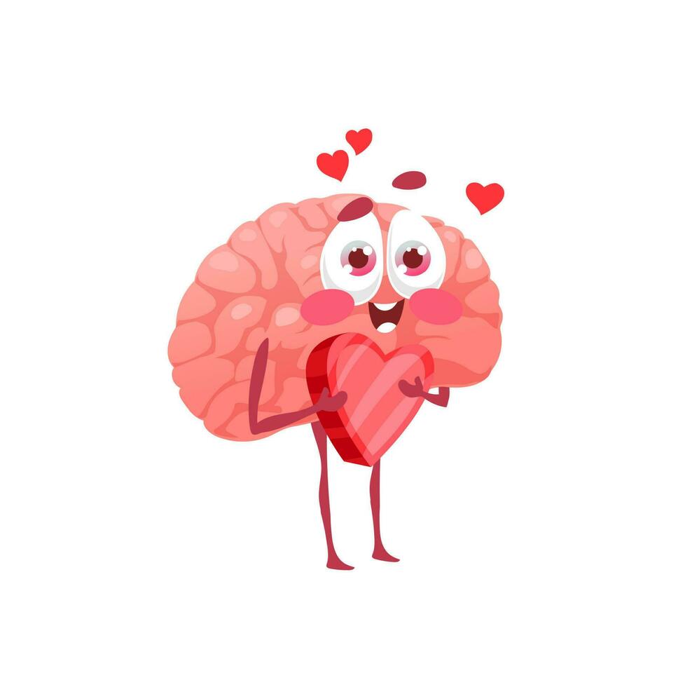 Cartoon brain with heart in hands, love emoticon vector