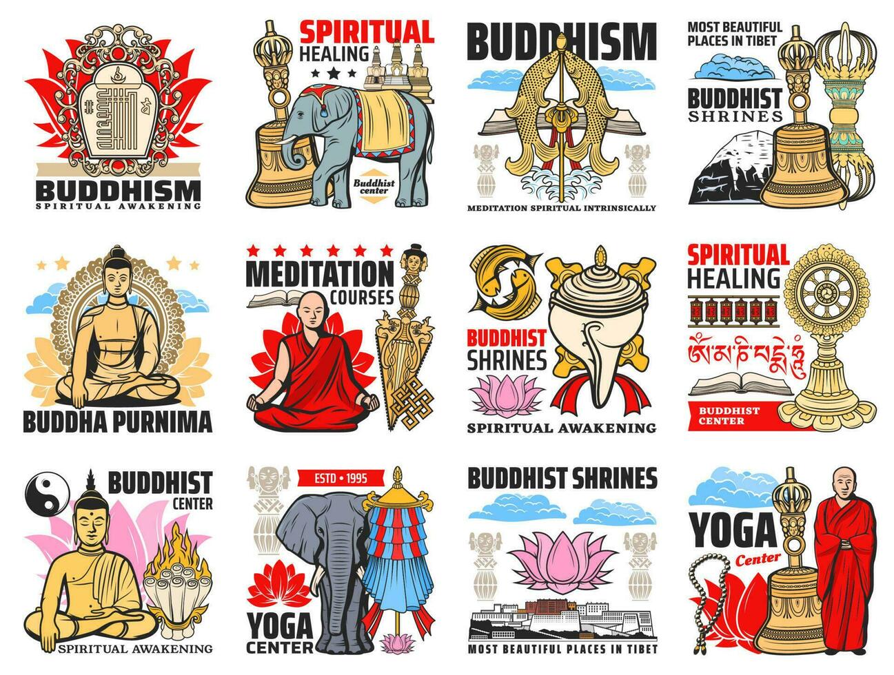 budismo religión iconos, Buda meditación símbolos vector