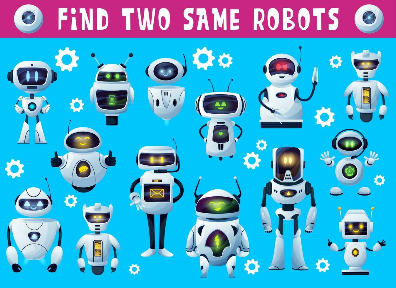 encontrar dos mismo robots droides, niños juego o rompecabezas vector