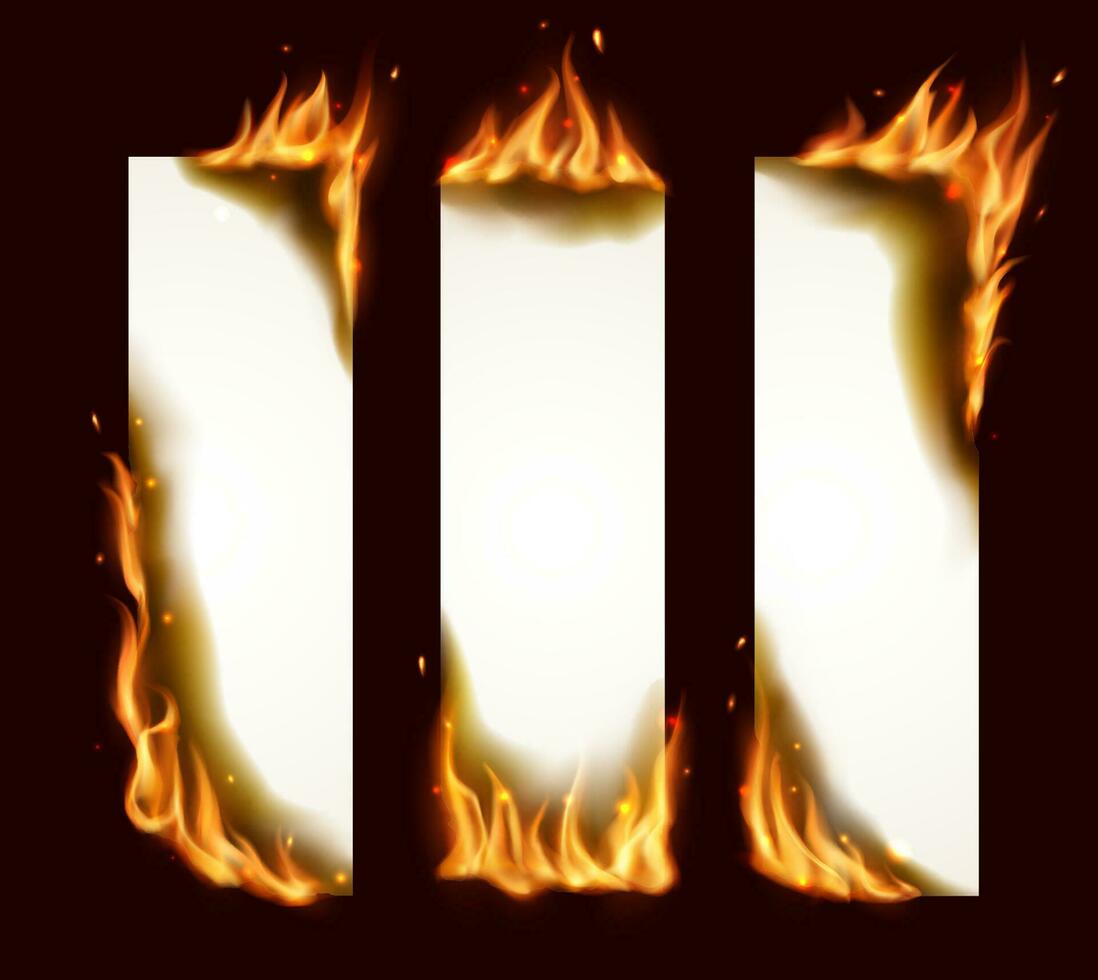 Burning paper vertical banners, pages with fire vector