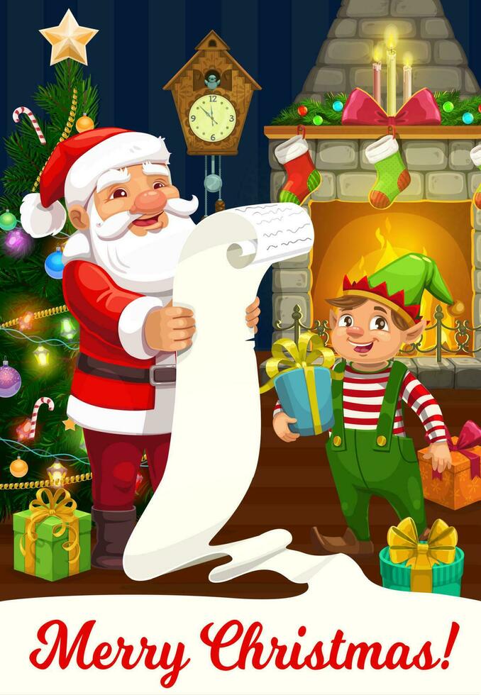 Christmas elf and Santa with Xmas wish list, gifts vector