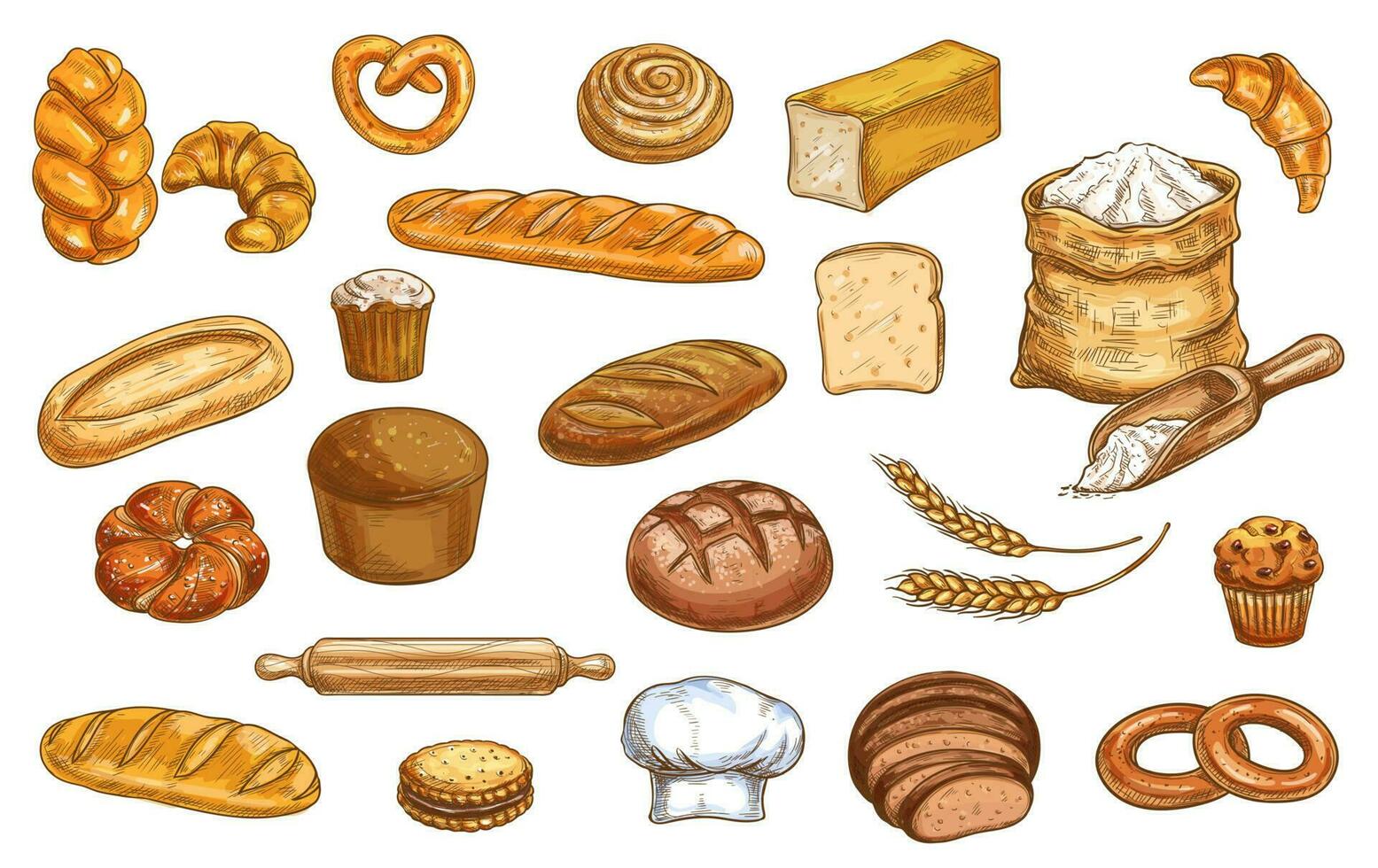 pan, panadería bosquejo y Pastelería, horneado comida íconos vector