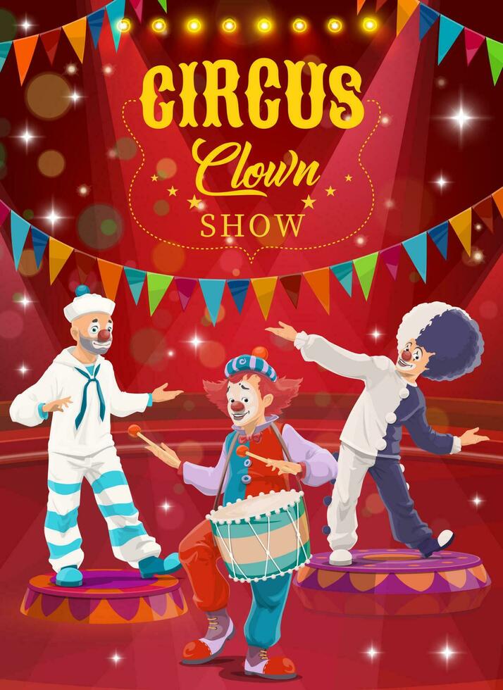Circus clowns cartoon flyer, funny performers vector