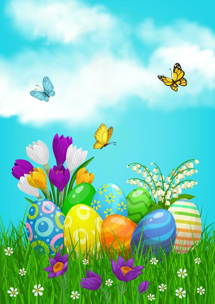 Happy Easter eggs hunt on field with flowers. vector