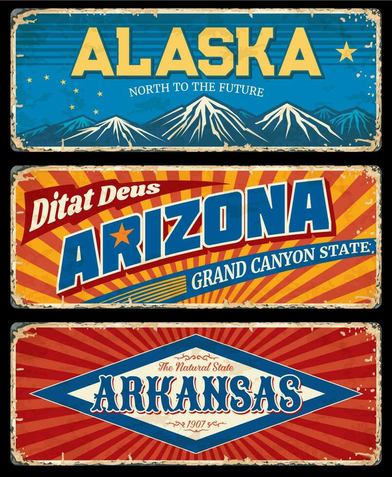 Alaska, Arizona and Arkansas states retro plates vector