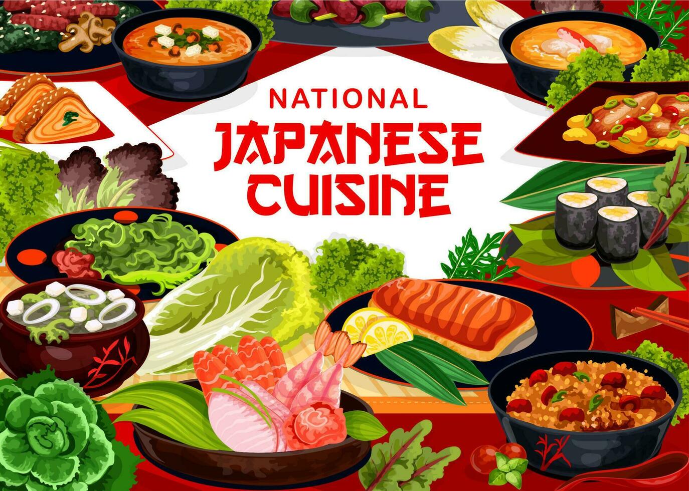 japonés cocina comida menú, Japón mariscos, tallarines vector