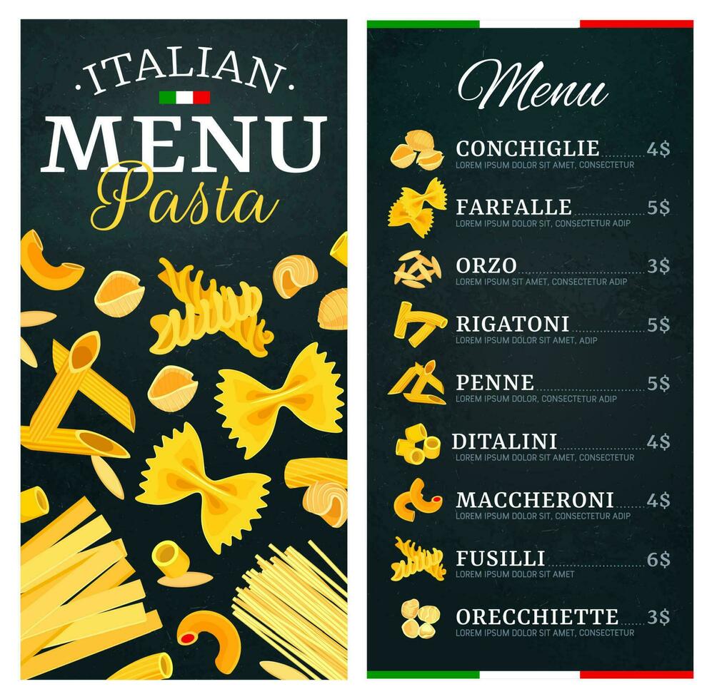 Pasta, Italian cuisine food menu, restaurant dish vector