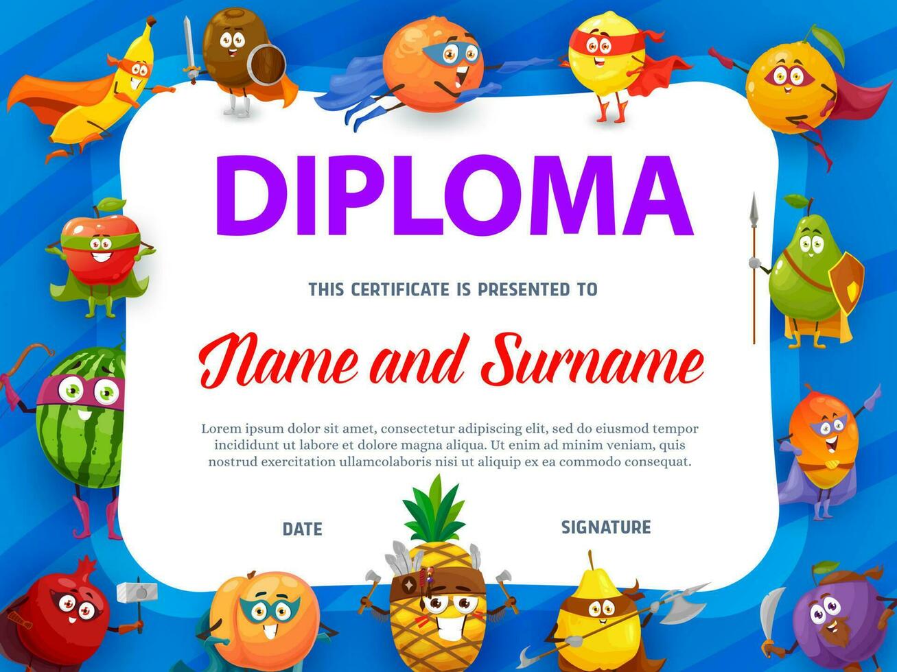 Education school diploma with fruits super heroes vector