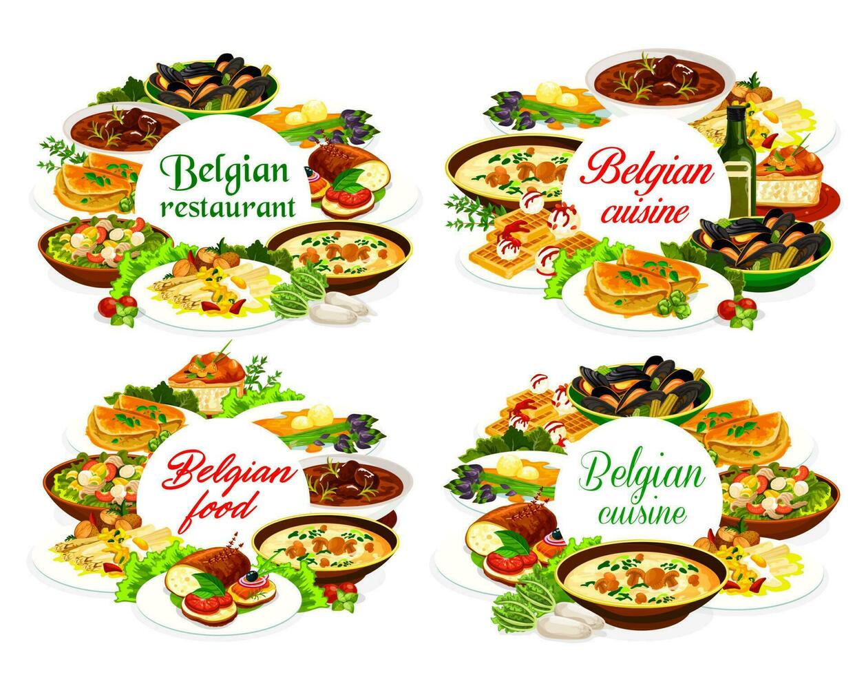 Belgian cuisine food, restaurant dishes vector