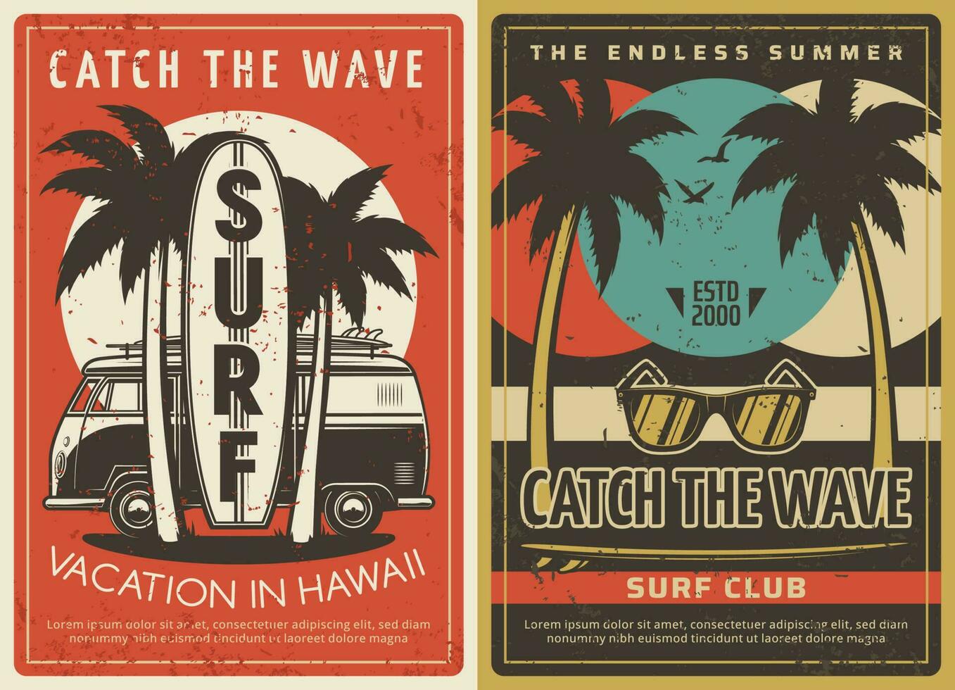 Hawaii vacation and surfing club retro posters vector