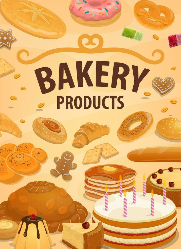 Sweet bakery products bread, desserts and pastry vector