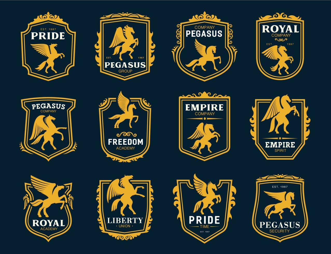 Pegasus icons. Heraldic winged horses symbols vector