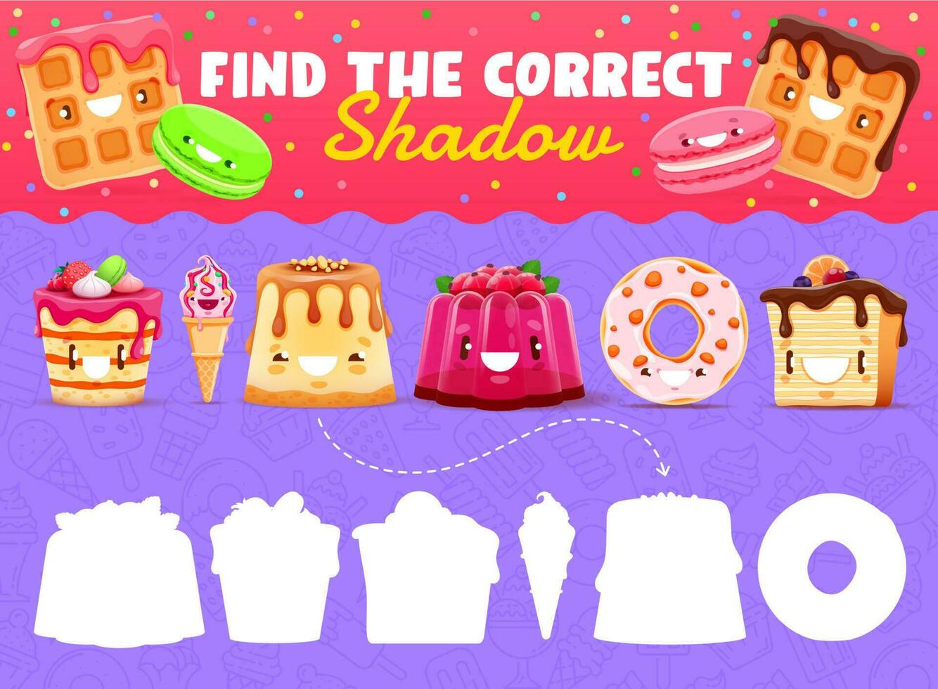 Find the correct shadow cartoon sweets, ice cream vector