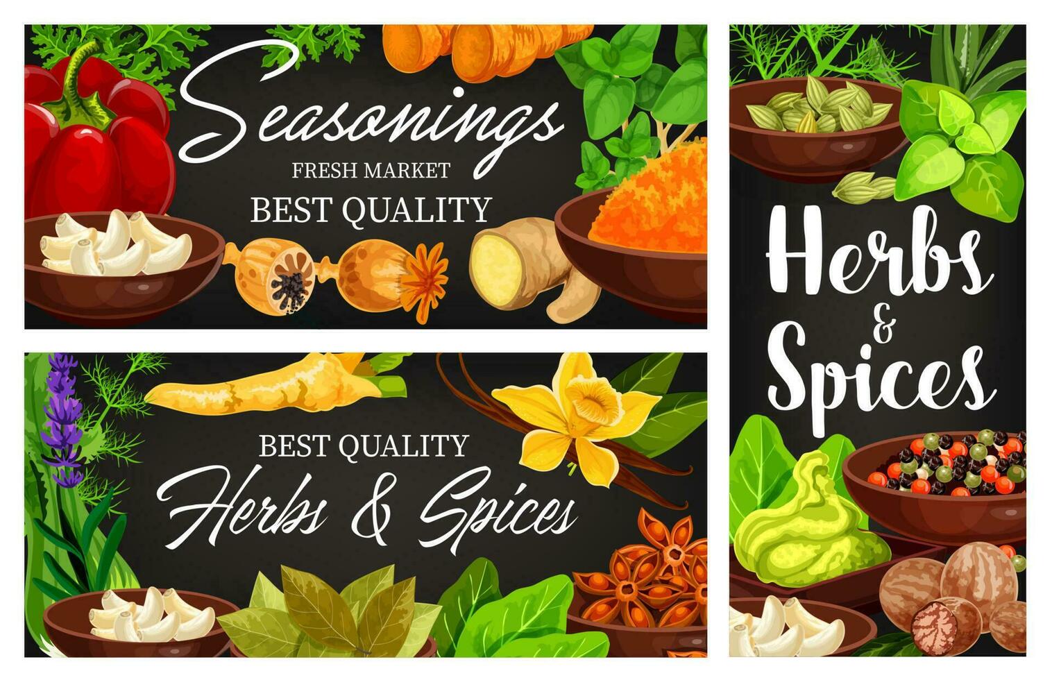 Food spice and herb banners of cartoon condiments vector