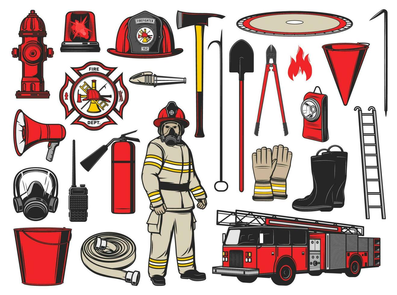 Firefighter equipment and fire fighting tools vector