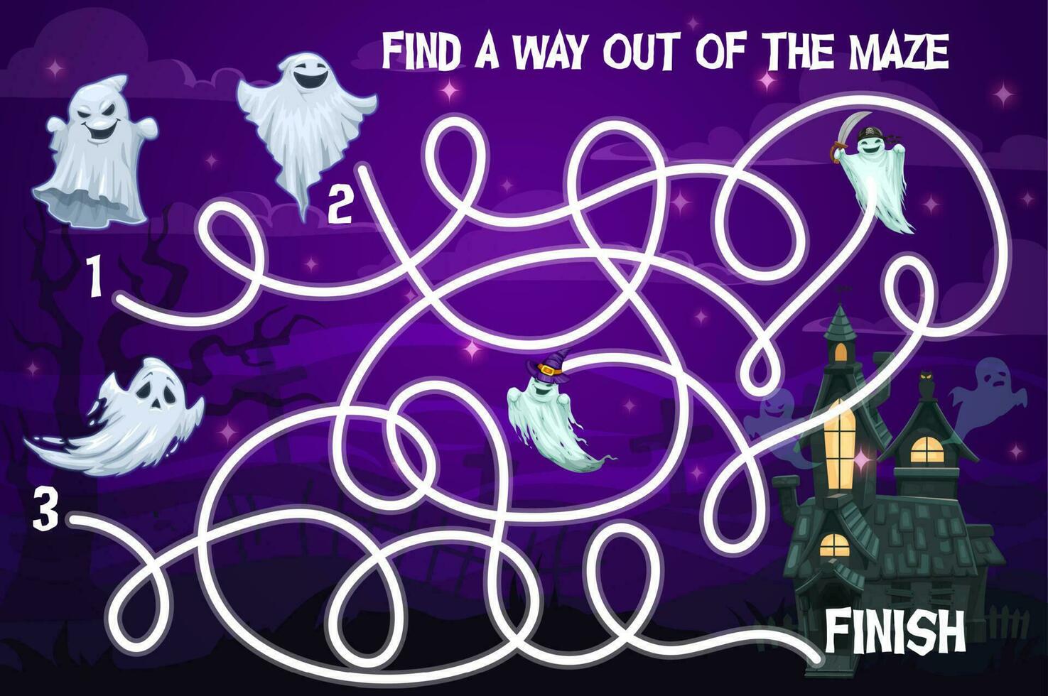 Halloween kids labyrinth maze game with ghosts vector