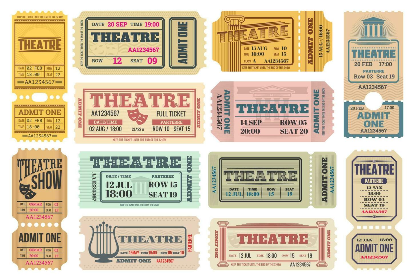 teatro espectáculo, actores actuación retro Entradas conjunto vector