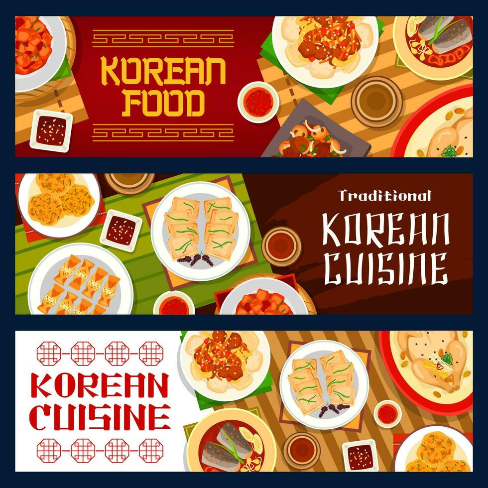 coreano comida cocina, menú platos y comidas pancartas vector